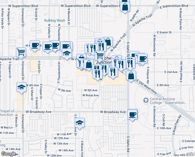 map of restaurants, bars, coffee shops, grocery stores, and more near 280 South Phelps Drive in Apache Junction