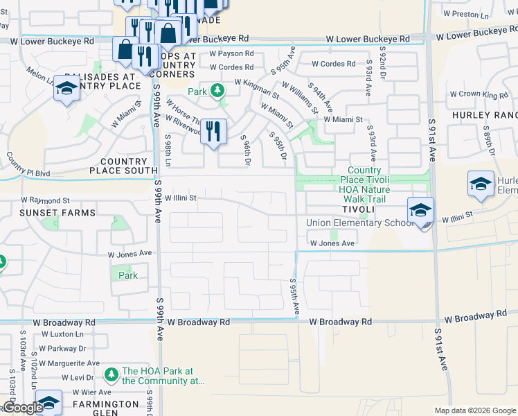 map of restaurants, bars, coffee shops, grocery stores, and more near 9625 West Illini Street in Phoenix