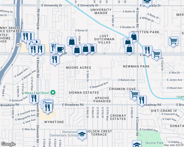 map of restaurants, bars, coffee shops, grocery stores, and more near 9602 East Aspen Circle in Mesa