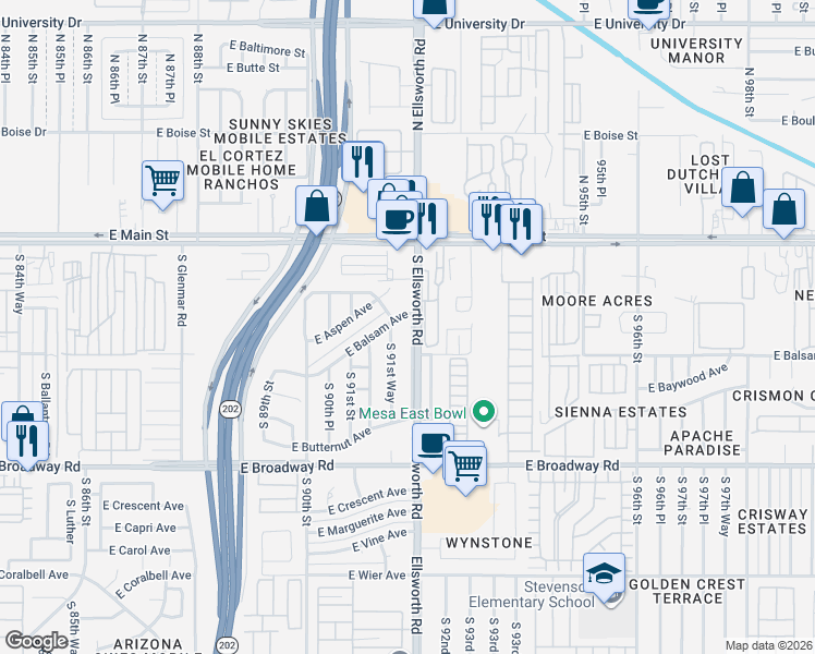map of restaurants, bars, coffee shops, grocery stores, and more near 102 South Ellsworth Road in Mesa