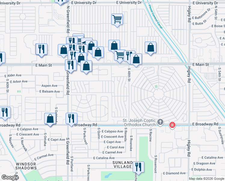 map of restaurants, bars, coffee shops, grocery stores, and more near Kelly Lane in Mesa