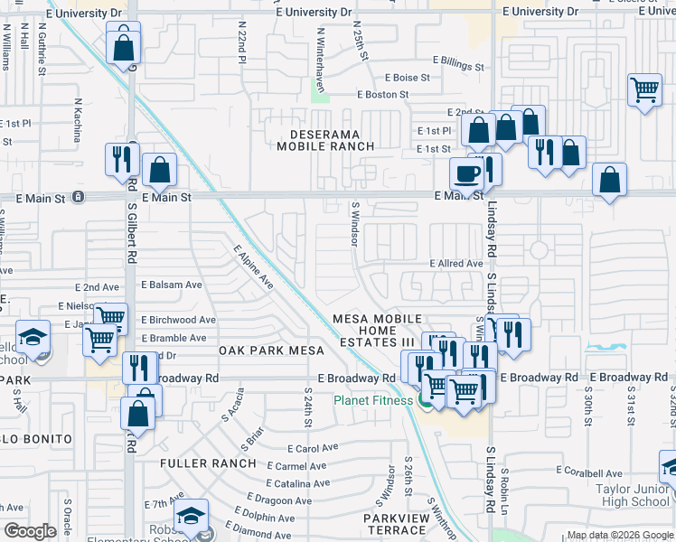 map of restaurants, bars, coffee shops, grocery stores, and more near 150 South Windsor in Mesa