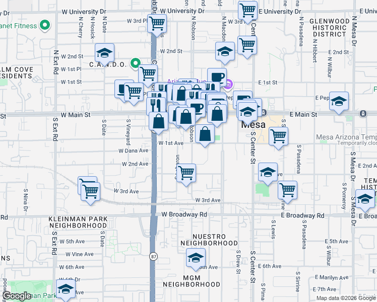 map of restaurants, bars, coffee shops, grocery stores, and more near 110 South Robson in Mesa