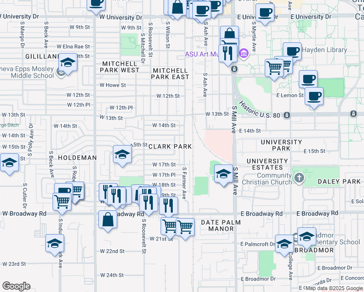 map of restaurants, bars, coffee shops, grocery stores, and more near 1431 South Wilson Street in Tempe