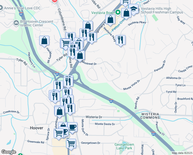 map of restaurants, bars, coffee shops, grocery stores, and more near 2079 Montreat Circle in Vestavia Hills