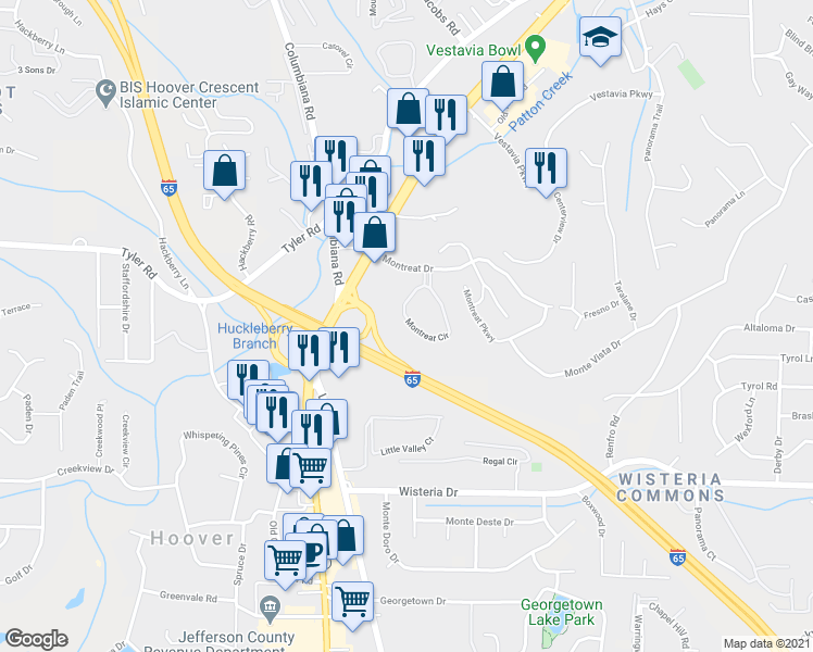 map of restaurants, bars, coffee shops, grocery stores, and more near 2046 Montreat Circle in Vestavia Hills