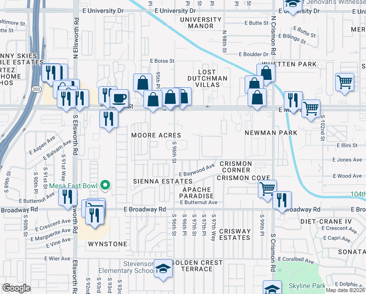 map of restaurants, bars, coffee shops, grocery stores, and more near 9618 East Aspen Circle in Mesa