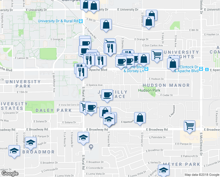 map of restaurants, bars, coffee shops, grocery stores, and more near 1411 South Bonarden Lane in Tempe