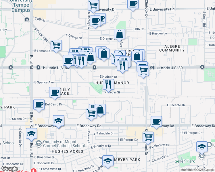 map of restaurants, bars, coffee shops, grocery stores, and more near 1433 East Williams Street in Tempe
