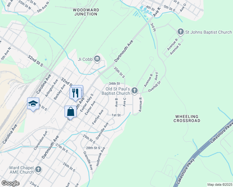 map of restaurants, bars, coffee shops, grocery stores, and more near 3301 Ave B in Bessemer