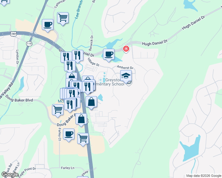 map of restaurants, bars, coffee shops, grocery stores, and more near 450 Eaton Road in Birmingham
