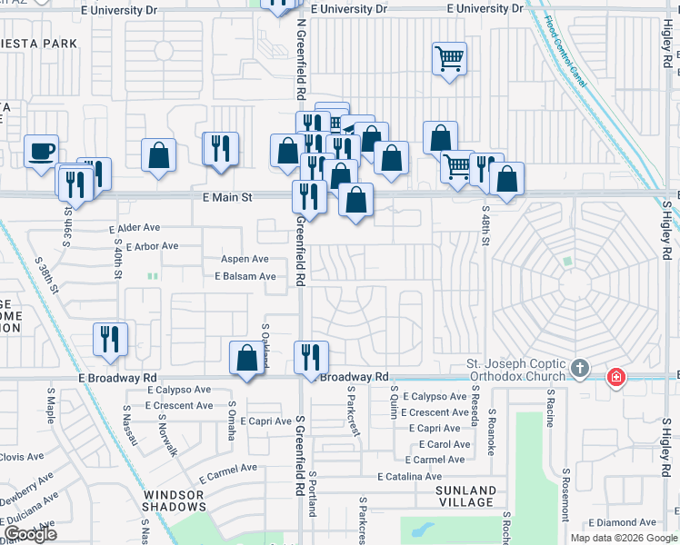 map of restaurants, bars, coffee shops, grocery stores, and more near Candice Lane in Mesa