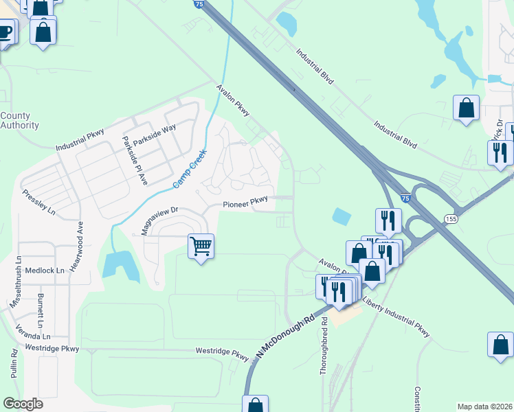 map of restaurants, bars, coffee shops, grocery stores, and more near 5023 Pioneer Parkway in McDonough