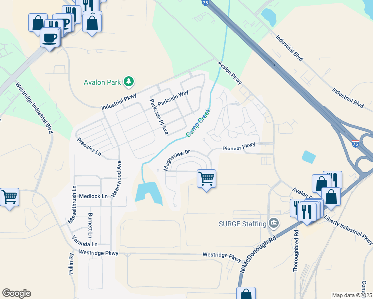 map of restaurants, bars, coffee shops, grocery stores, and more near 163 Magnaview Drive in McDonough