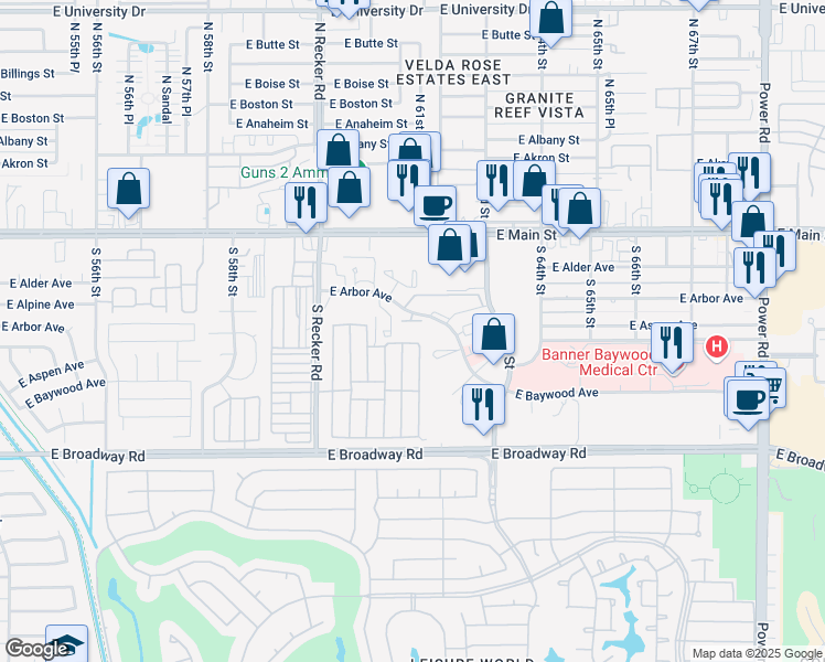 map of restaurants, bars, coffee shops, grocery stores, and more near 6145 East Arbor Avenue in Mesa