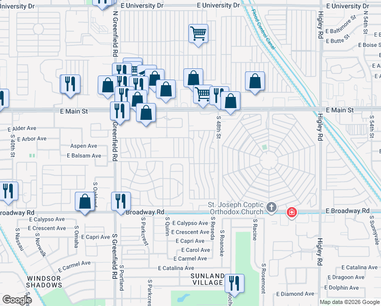 map of restaurants, bars, coffee shops, grocery stores, and more near Kelly Lane in Mesa