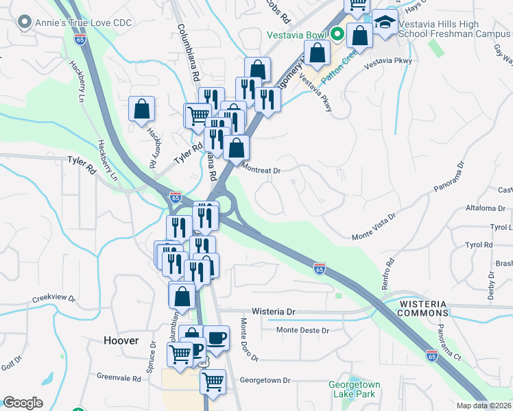 map of restaurants, bars, coffee shops, grocery stores, and more near 2046 Montreat Circle in Vestavia Hills