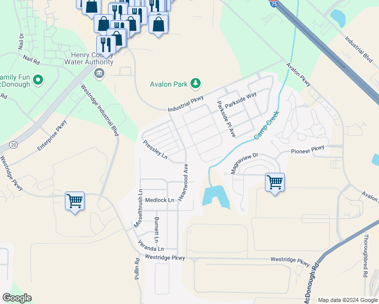 map of restaurants, bars, coffee shops, grocery stores, and more near 1239 Heartwood Avenue in McDonough