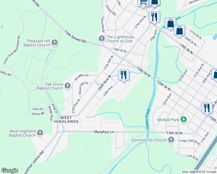 map of restaurants, bars, coffee shops, grocery stores, and more near 1214 25th Avenue in Hueytown