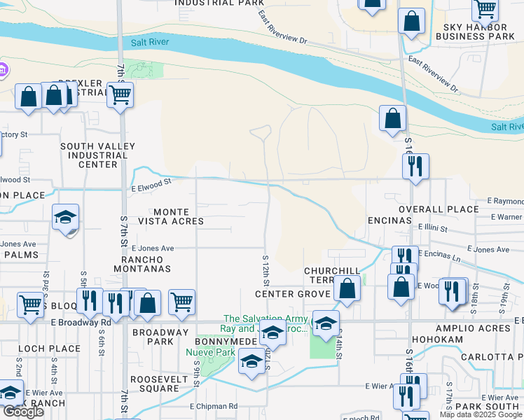 map of restaurants, bars, coffee shops, grocery stores, and more near 3624 South 12th Street in Phoenix