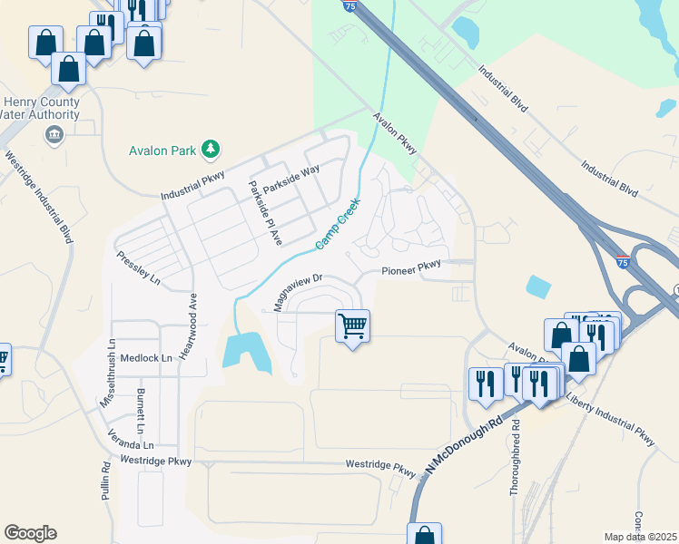 map of restaurants, bars, coffee shops, grocery stores, and more near 185 Magnaview Drive in McDonough