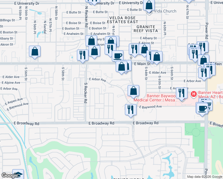 map of restaurants, bars, coffee shops, grocery stores, and more near 6145 East Arbor Avenue in Mesa