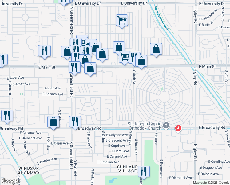 map of restaurants, bars, coffee shops, grocery stores, and more near Kelly Lane in Mesa