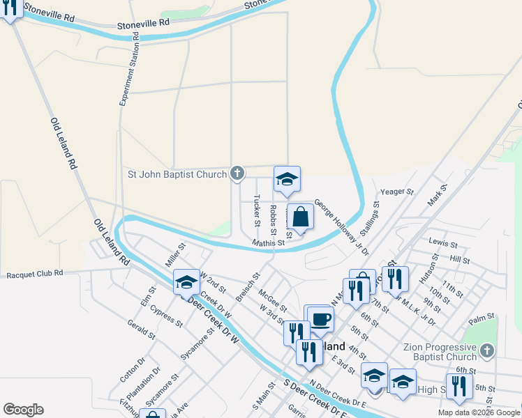 map of restaurants, bars, coffee shops, grocery stores, and more near 129 Tucker Street in Leland