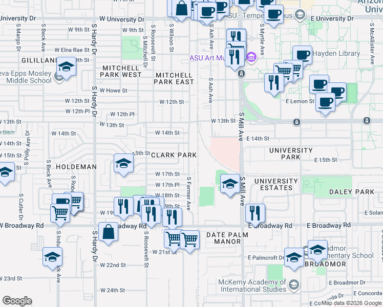 map of restaurants, bars, coffee shops, grocery stores, and more near 1501 South Farmer Avenue in Tempe