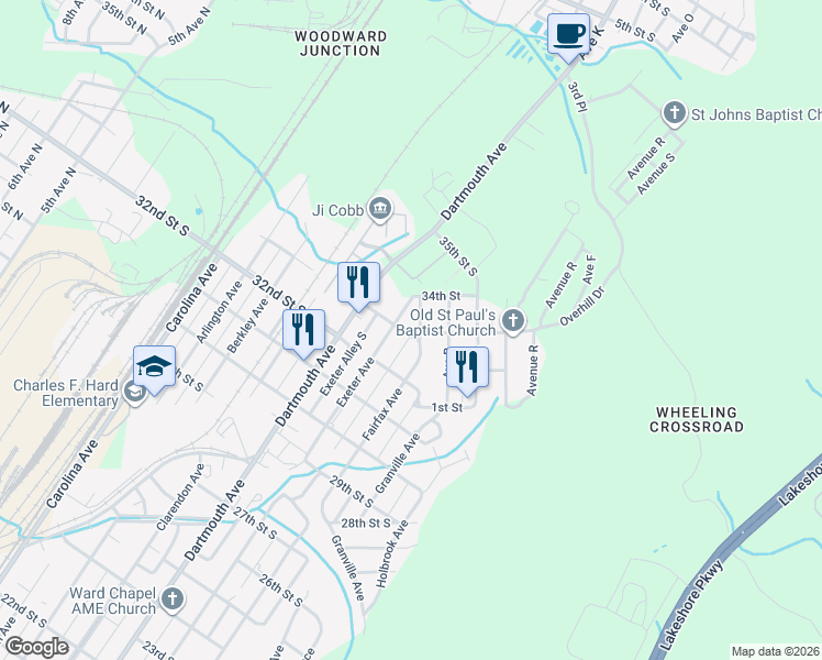 map of restaurants, bars, coffee shops, grocery stores, and more near 511 33rd Street South in Bessemer