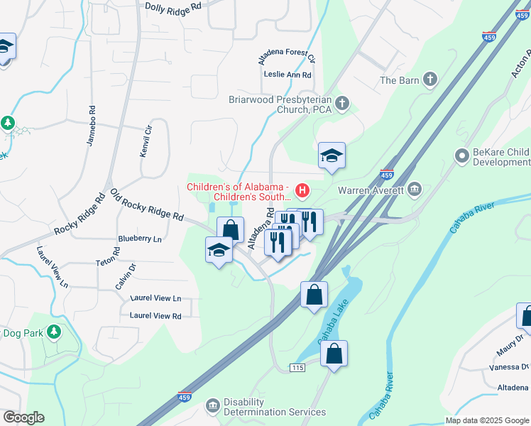 map of restaurants, bars, coffee shops, grocery stores, and more near 2426 Altadena Road in Vestavia Hills