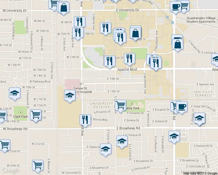 map of restaurants, bars, coffee shops, grocery stores, and more near 122 East 15th Street in Tempe