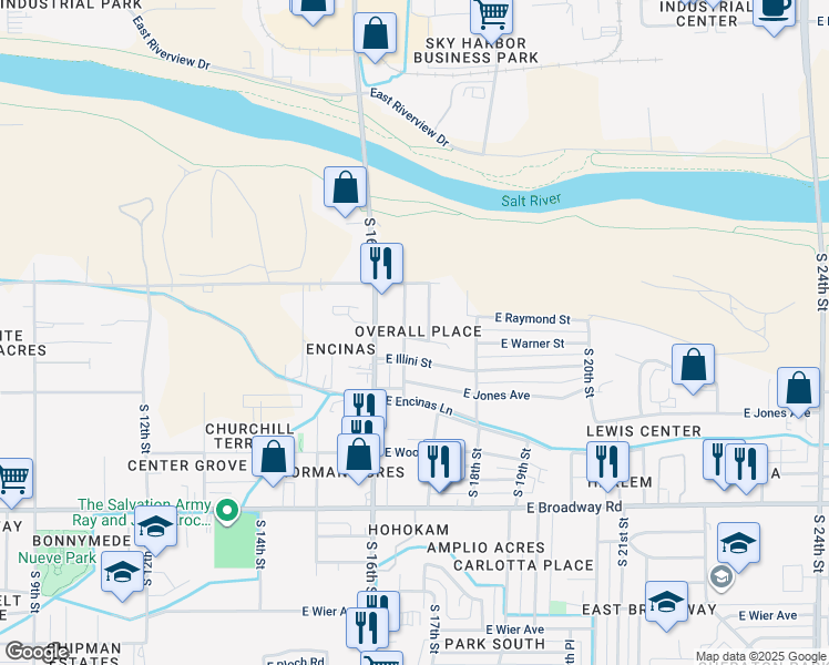 map of restaurants, bars, coffee shops, grocery stores, and more near 1632 East Warner Street in Phoenix
