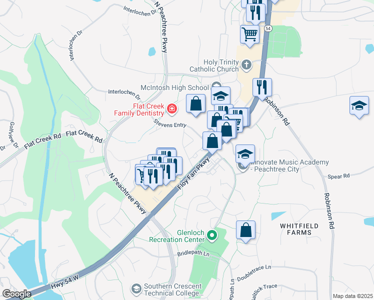 map of restaurants, bars, coffee shops, grocery stores, and more near 1000 Stevens Entry in Peachtree City