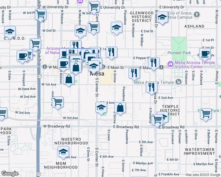 map of restaurants, bars, coffee shops, grocery stores, and more near 55 East 1st Avenue in Mesa