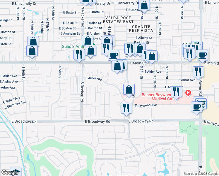 map of restaurants, bars, coffee shops, grocery stores, and more near 6145 East Arbor Avenue in Mesa
