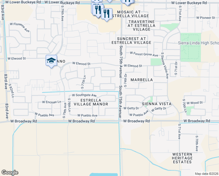 map of restaurants, bars, coffee shops, grocery stores, and more near 7518 West Jones Avenue in Phoenix