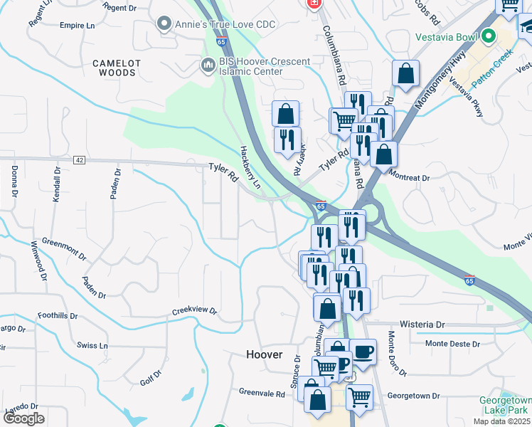 map of restaurants, bars, coffee shops, grocery stores, and more near 588 Southland Drive in Birmingham