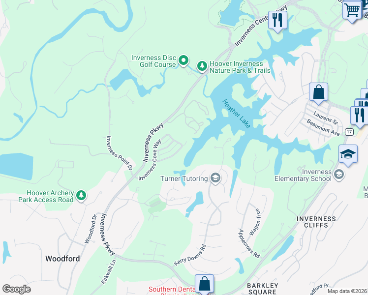 map of restaurants, bars, coffee shops, grocery stores, and more near 1280 Inverness Cove Place in Birmingham