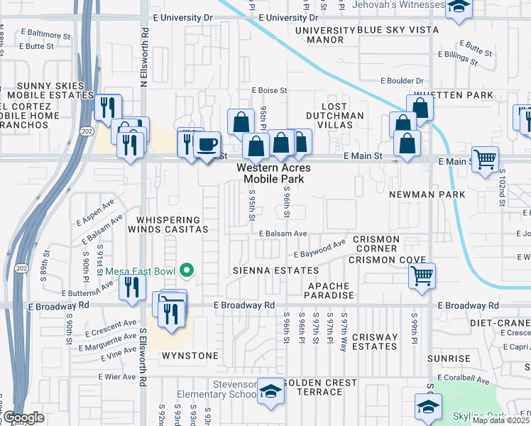 map of restaurants, bars, coffee shops, grocery stores, and more near 125 South 95th Street in Mesa