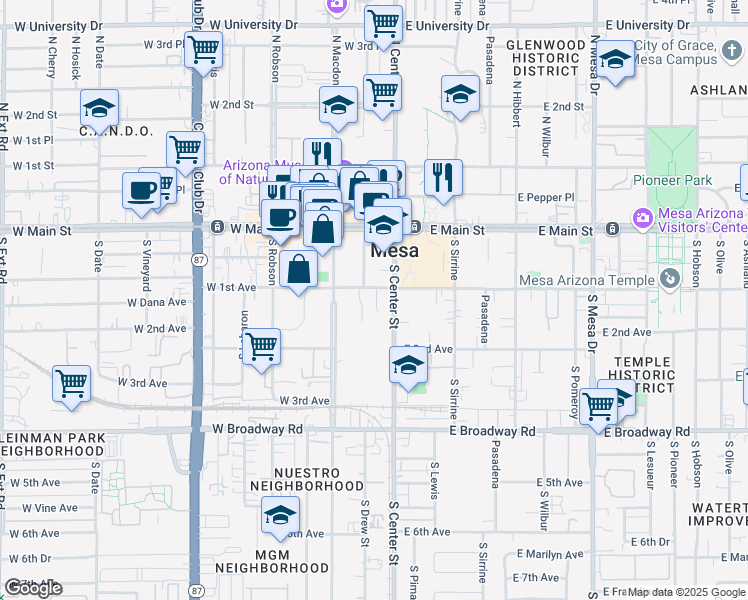 map of restaurants, bars, coffee shops, grocery stores, and more near 21 W 1st Ave in Mesa
