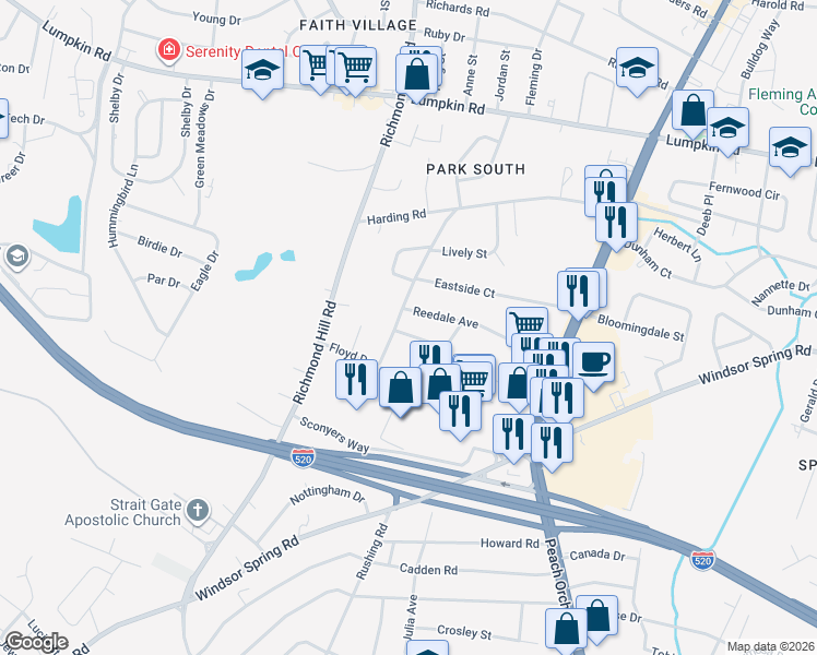 map of restaurants, bars, coffee shops, grocery stores, and more near 2147 Alfred Lane in Augusta