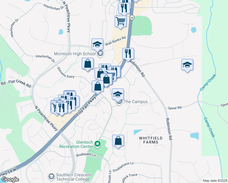 map of restaurants, bars, coffee shops, grocery stores, and more near 109 Petrol Point in Peachtree City