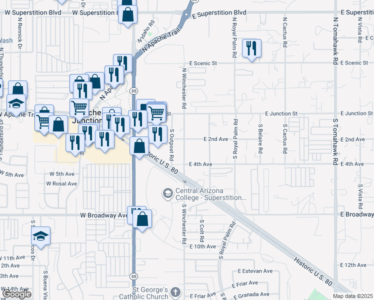 map of restaurants, bars, coffee shops, grocery stores, and more near 295 South Winchester Road in Apache Junction