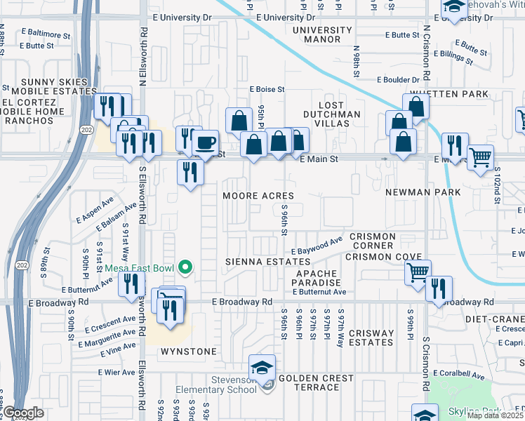 map of restaurants, bars, coffee shops, grocery stores, and more near 125 South 95th Street in Mesa