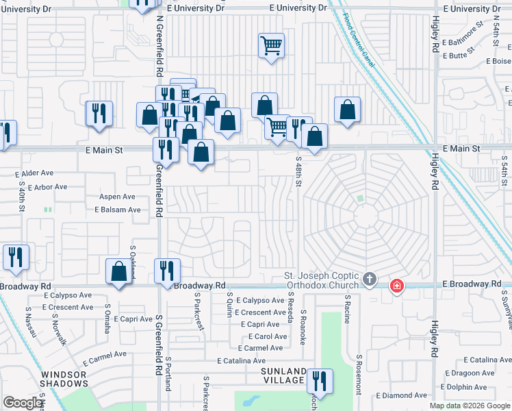 map of restaurants, bars, coffee shops, grocery stores, and more near Kelly Lane in Mesa