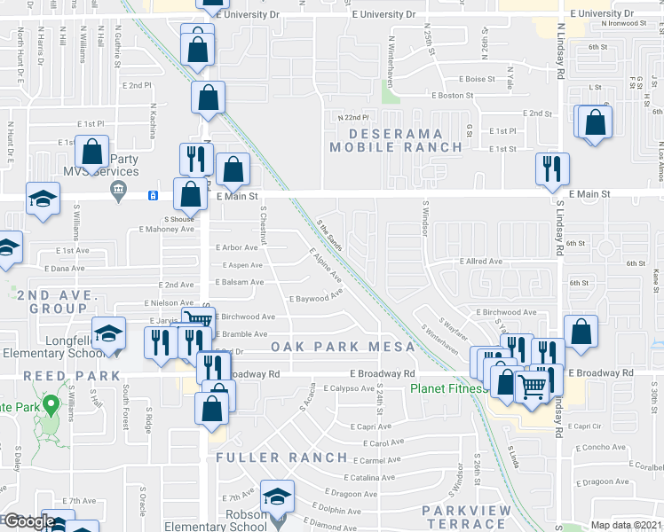 map of restaurants, bars, coffee shops, grocery stores, and more near 2345 East Main Street in Mesa