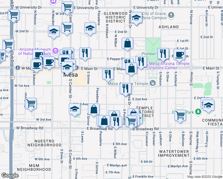 map of restaurants, bars, coffee shops, grocery stores, and more near 241 East 1st Avenue in Mesa