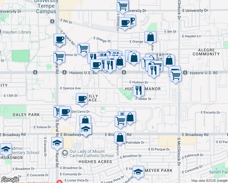 map of restaurants, bars, coffee shops, grocery stores, and more near 1249 East Spence Avenue in Tempe