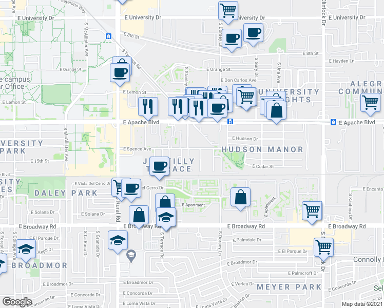 map of restaurants, bars, coffee shops, grocery stores, and more near 1223 East Spence Avenue in Tempe